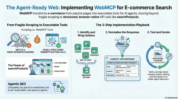 WebMCP imperative API implementation diagram for e-commerce search tools