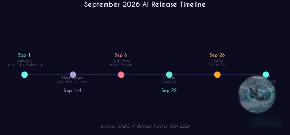September 2026 AI release timeline infographic with FLUX robot