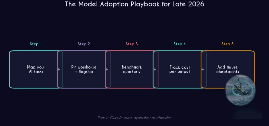 AI model adoption playbook process flow infographic with FLUX robot