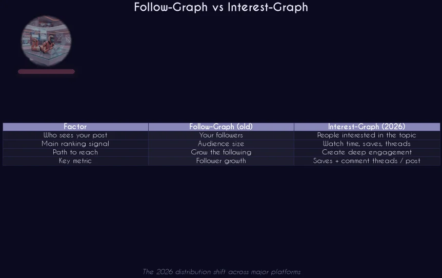 Follow-graph vs interest-graph comparison infographic with ZEST robot