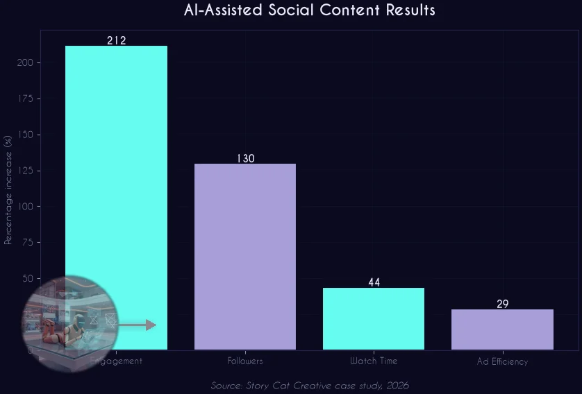 AI-assisted social content results bar chart with ZEST robot