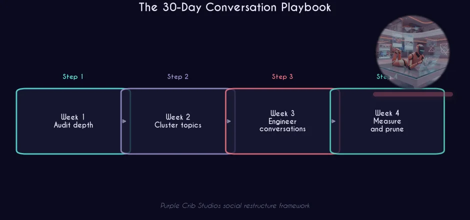 30-day conversation playbook process flow infographic with ZEST robot