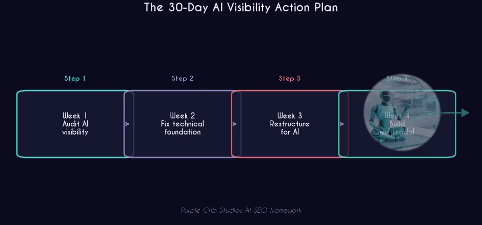 30-day AI visibility action plan process flow with BIT robot