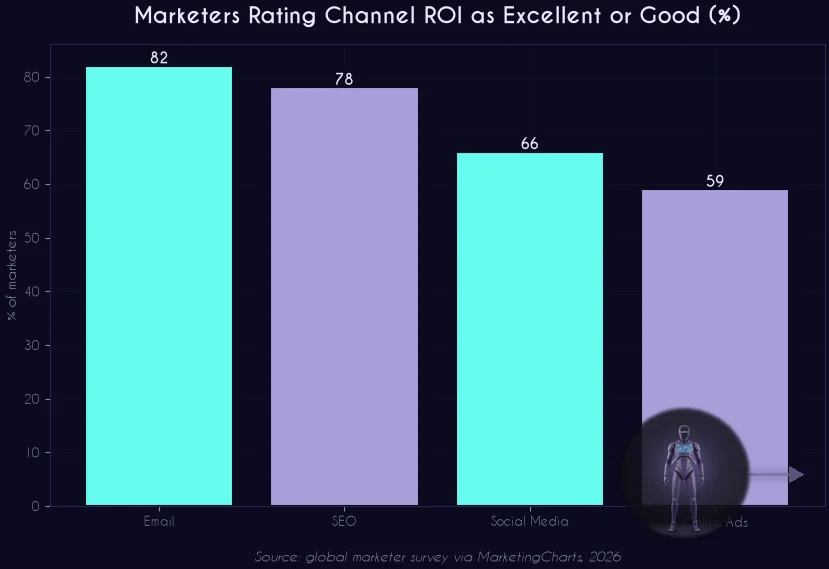 Marketers rating channel ROI as excellent or good: email 82%, SEO 78%, social media 66%, online ads 59%