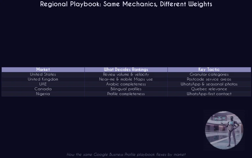 Regional Google Business Profile playbook comparison across US UK UAE Canada Nigeria