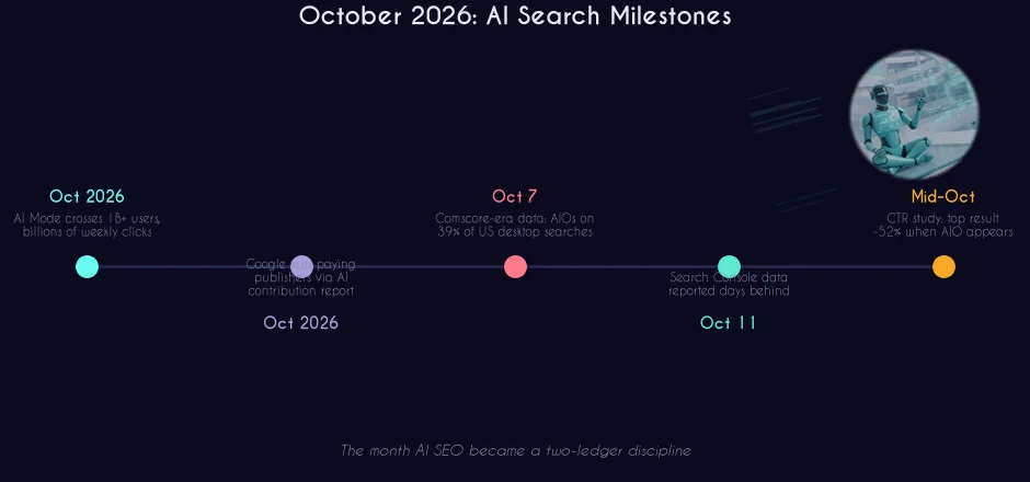 October 2026 AI search milestones timeline infographic