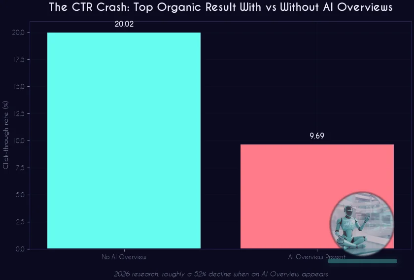 Top organic result CTR with and without AI Overviews bar chart infographic