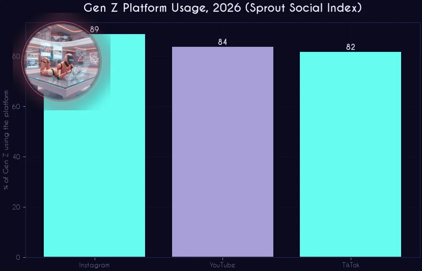 Gen Z platform usage 2026: Instagram, YouTube, TikTok adoption rates bar chart