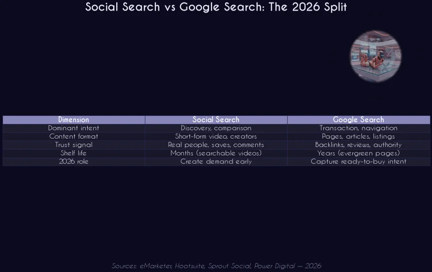 Social search vs Google search comparison grid for brands in 2026