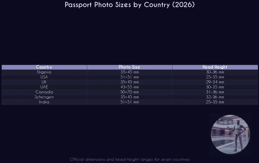 Passport photo sizes by country 2026 infographic