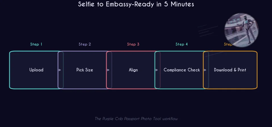 Five minute passport photo workflow infographic