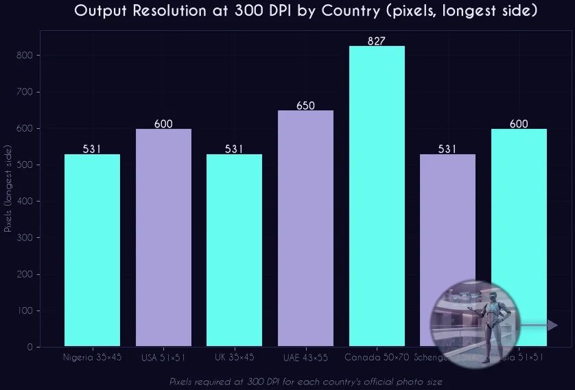 Passport photo 300 DPI output resolution by country infographic